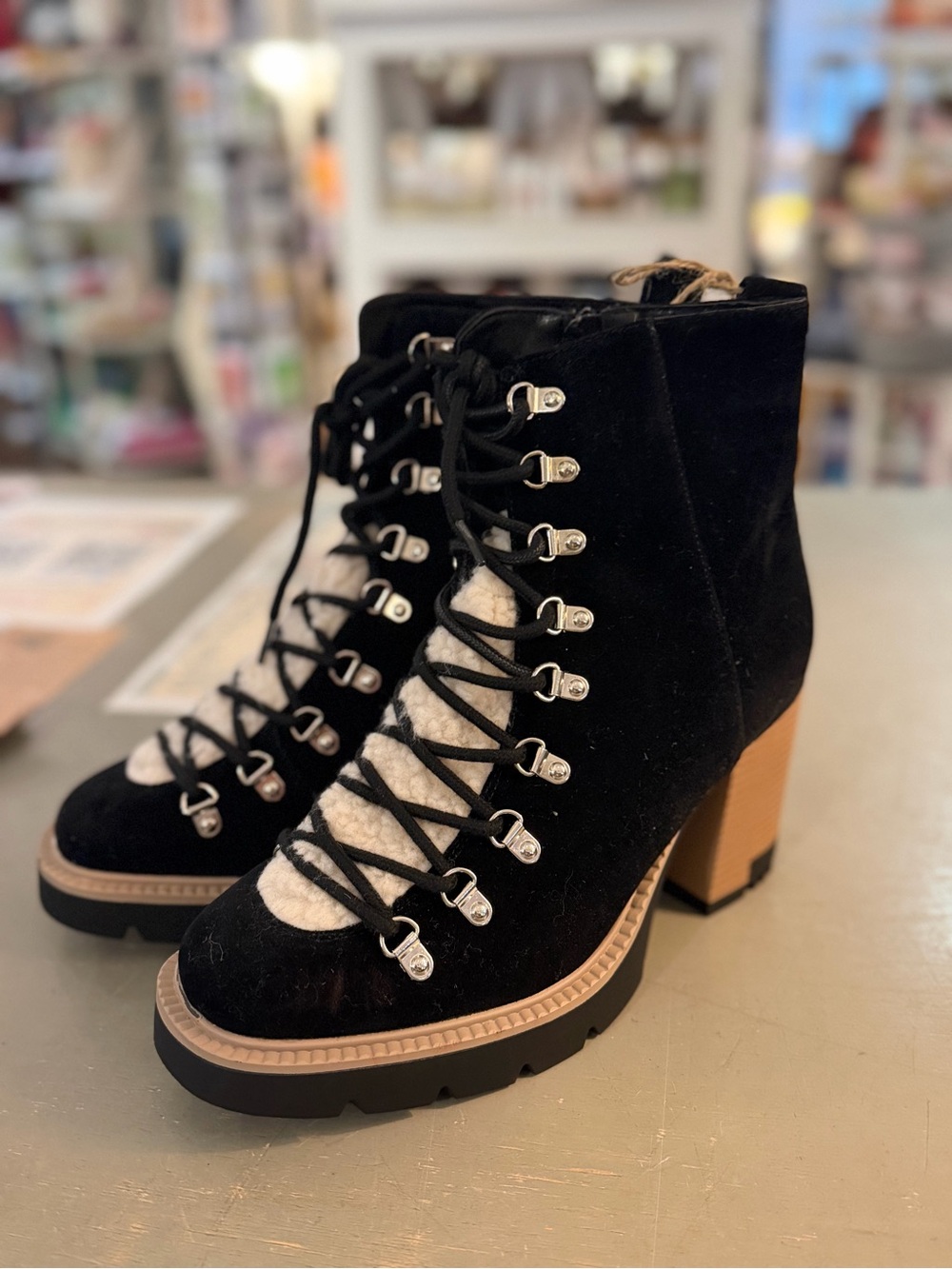 Black Suede Lace-Up Block Heel Boots with Cream Shearling Tongue